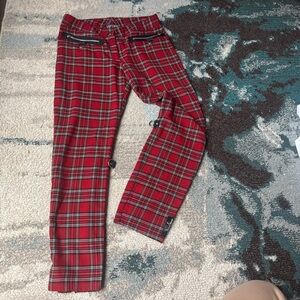 Red Plaid Pants with Zipper Details